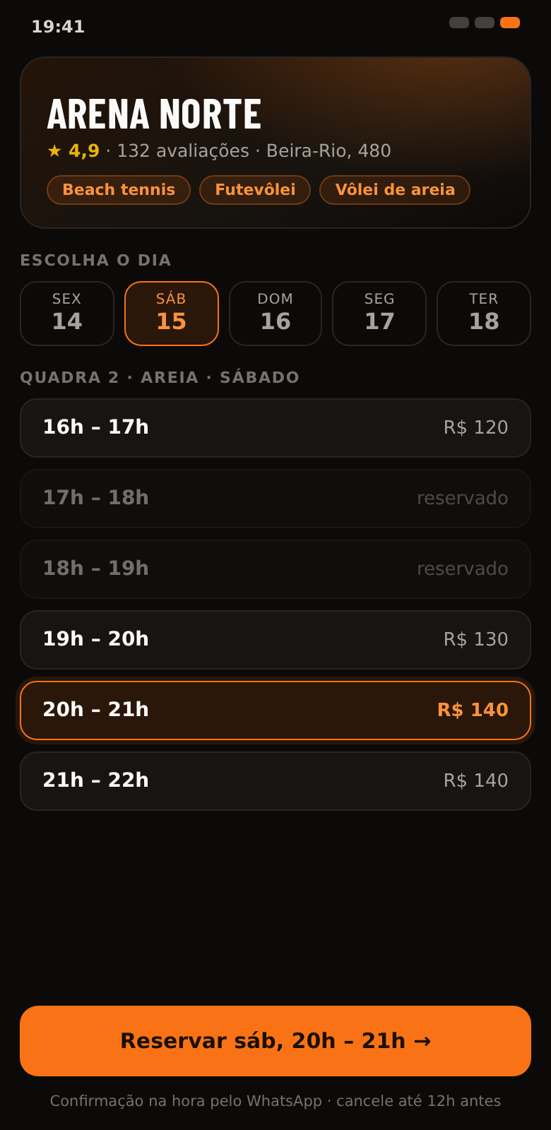 Portal público de reservas da arena no celular, com horários e preços